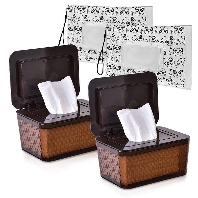 Umtiti Wipes Dispenser & Wipes Pouch/Tissue Bag, Wipes/Tissue Case with Moisture Seal Secure Lid, Non-Slip Rubber Feet & Sealing Design Keeps Wipes Fresh, Dustproof Wipes Container(2BN+2Panda) - Image 1